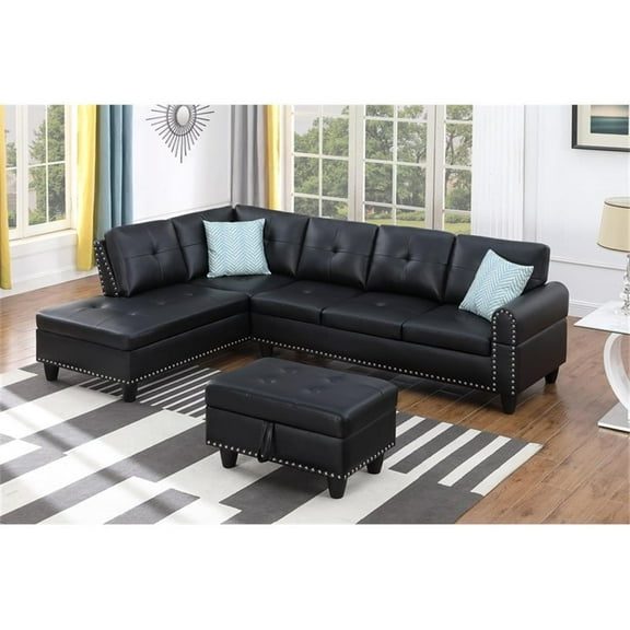 Kingfisher Lane 2 Piece Transitional Faux Leather Sectional Sofa Set with Storage Ottoman, Black