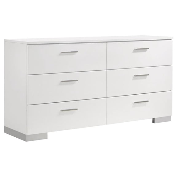 Kingfisher Lane 6-Drawer Contemporary Wood Dresser with Chrome Legs in White