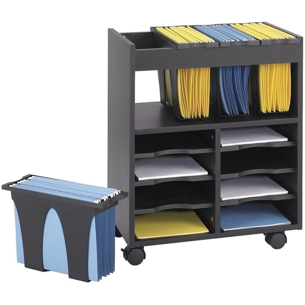 Black Mobile Particleboard Letter File Cart with 8 Compartments