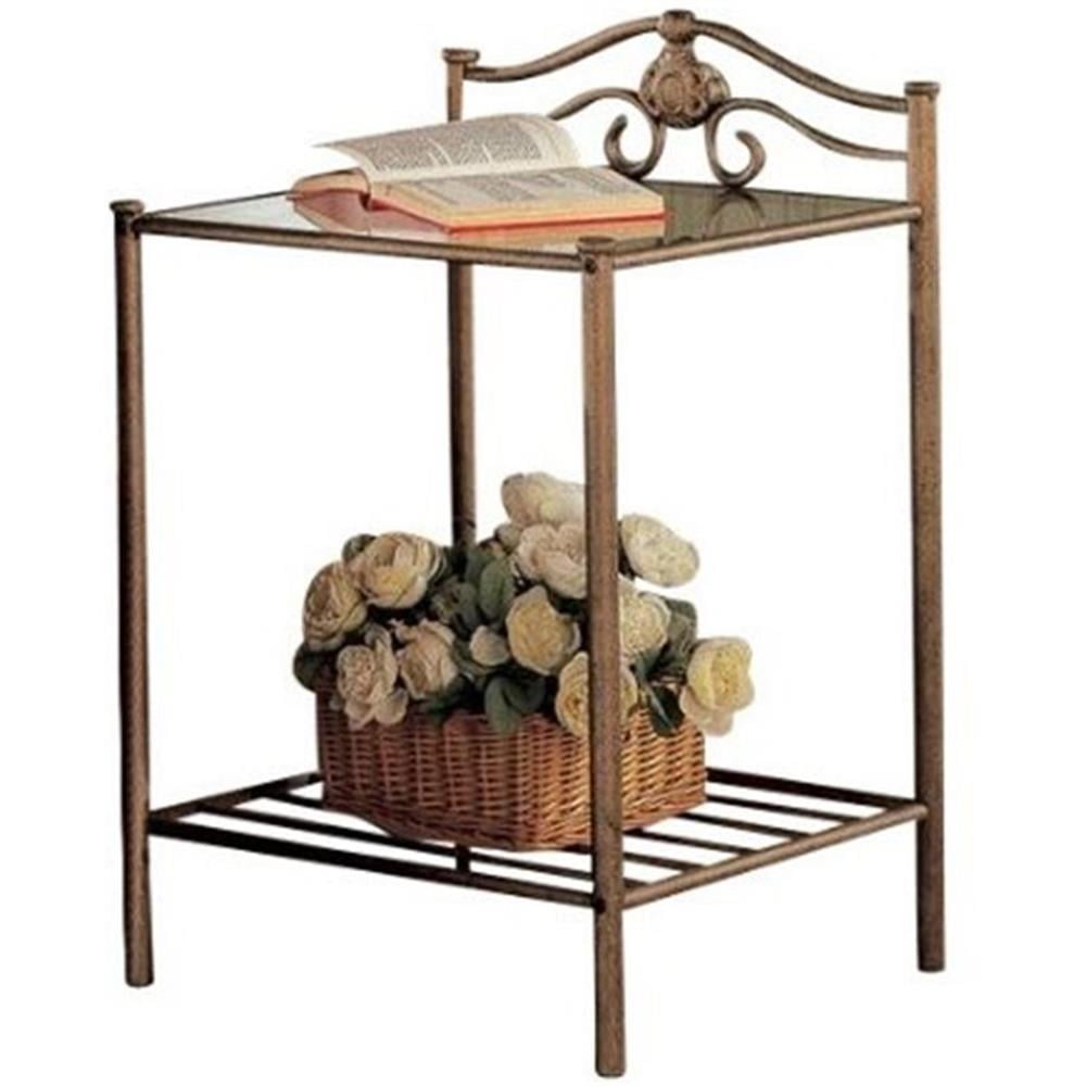 Antique Brushed Gold Metal Nightstand with Glass Top