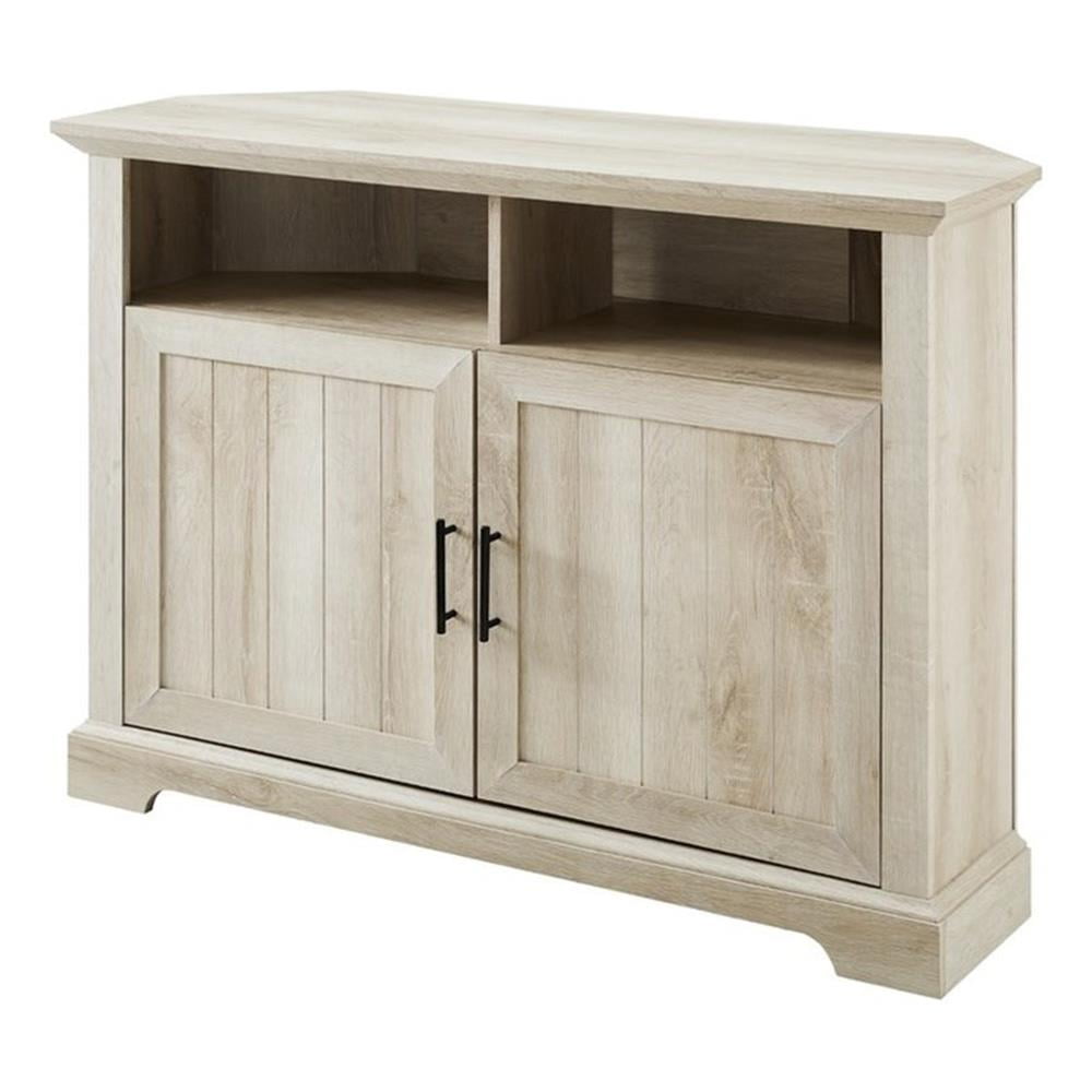 White Oak Corner TV Console with Grooved Doors and Cabinet