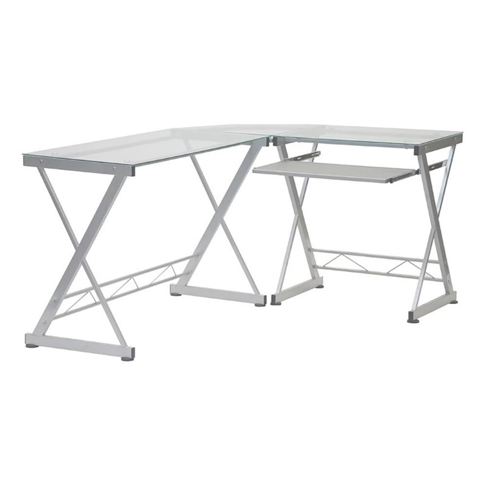 Reno Clear L-Shaped Glass Computer Desk with Keyboard Tray