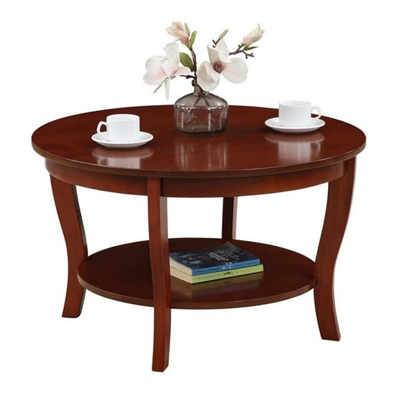 Kingfisher Lane Round Coffee Table with Shelf in Mahogany Wood Finish