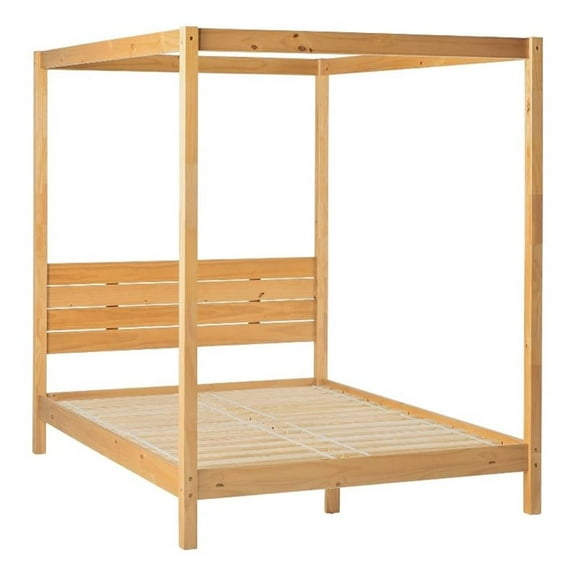 Kingfisher Lane Solid Wood Queen Canopy Bed w/ Simple Headboard - Natural Pine