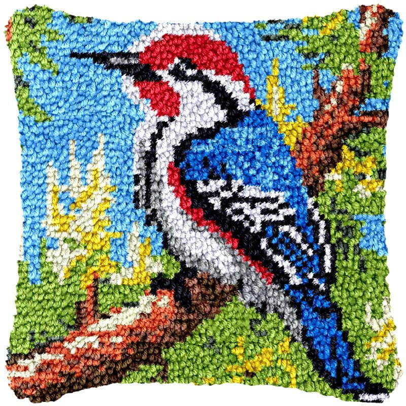 Kingfisher Latch Hook Pillow Cover Kits for DIY Handmade Throw Pillow Cross Stitch Latch Hook Pillowcase Rug Kits with Preprinted Color Pattern Canvas Crochet Yarn Kits 17''X 17''(ys41)