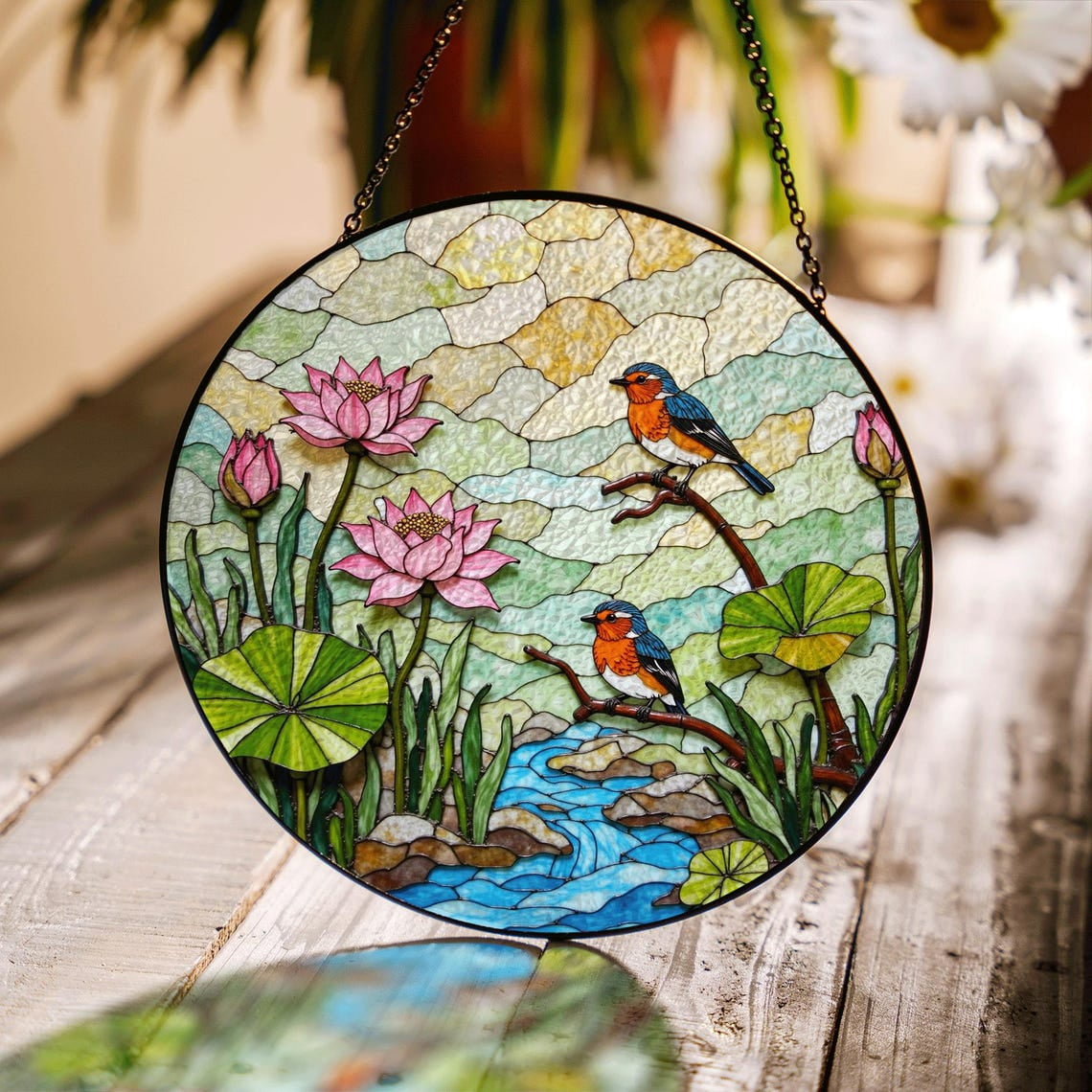 Kingfisher Lotus Pond Glass Suncatcher, Nature Window Decor, 3.5 in ...