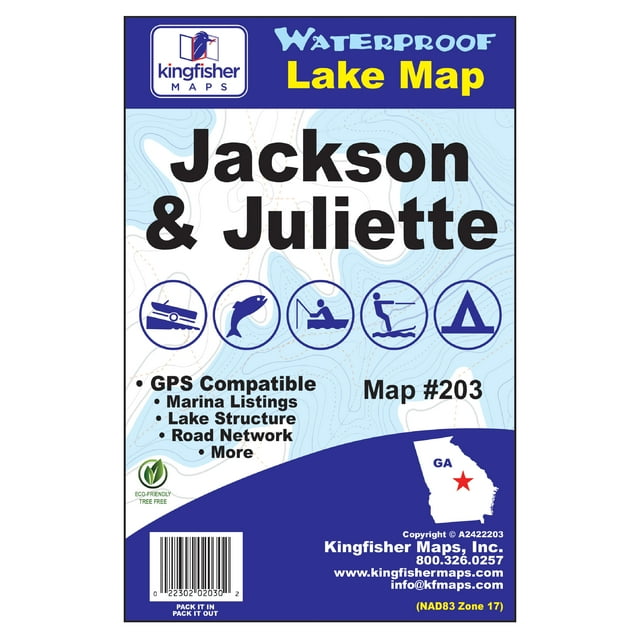 Kingfisher Maps Waterproof Lake Map Jackson & Juliette Lakes Georgia 