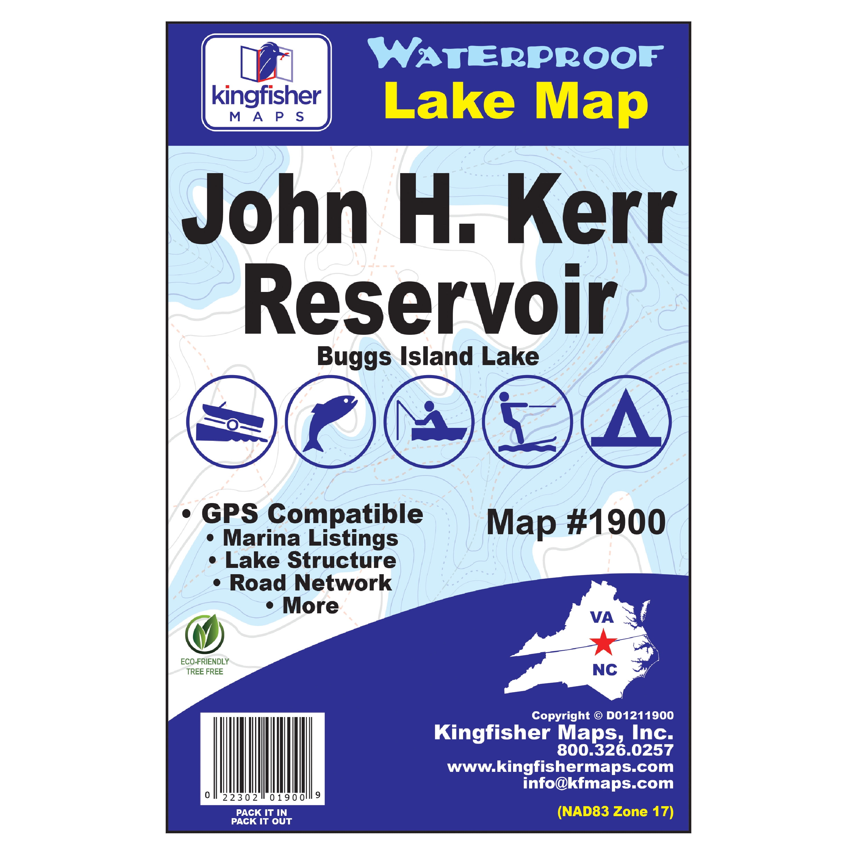 Kingfisher Maps Waterproof Lake Map John H Kerr Reservoir NC & VA, 24