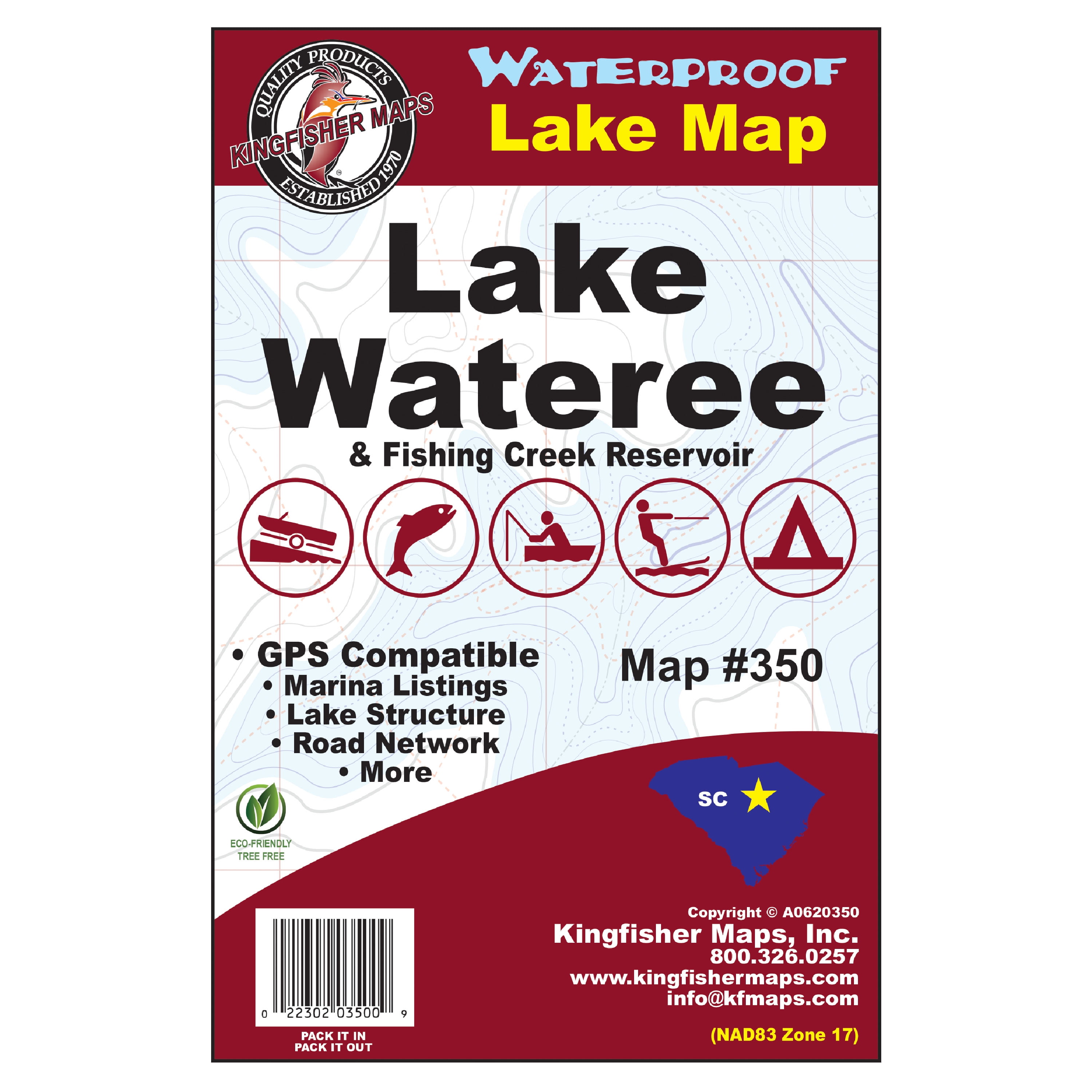 Kingfisher Maps Waterproof Lake Map Lakes Wateree & Fishing Creek SC