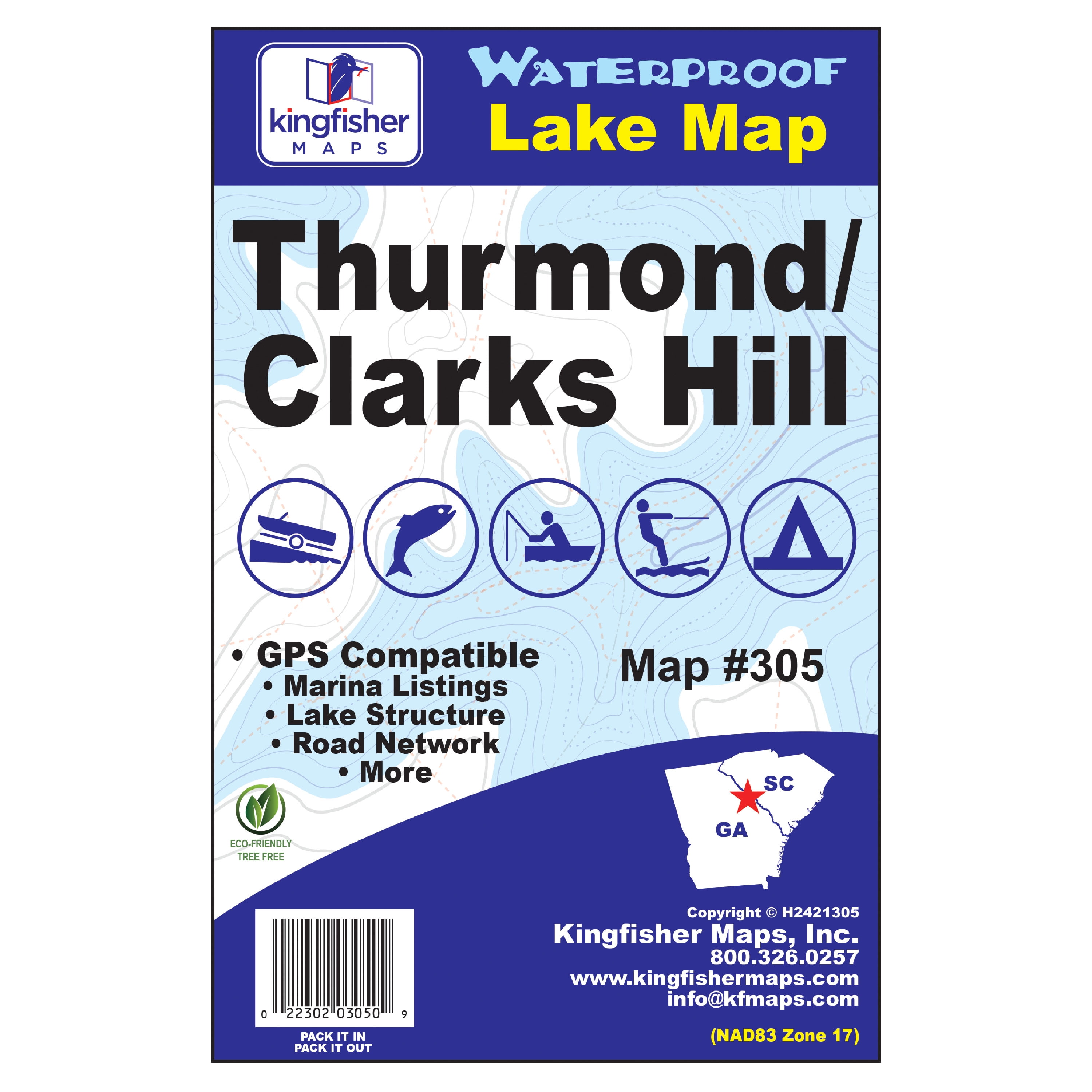 Kingfisher Maps Waterproof Lake Map Strom Thurmond/Clarks Hill GA & SC