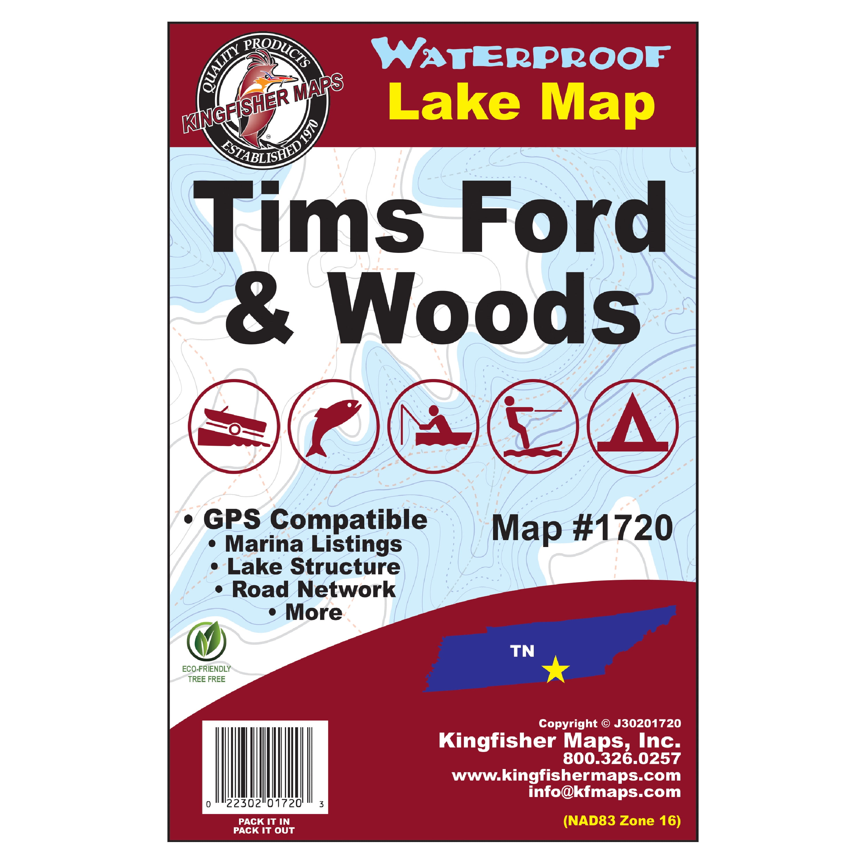 Kingfisher Maps Waterproof Lake Map Tims Ford & Woods Lakes Tennessee ...