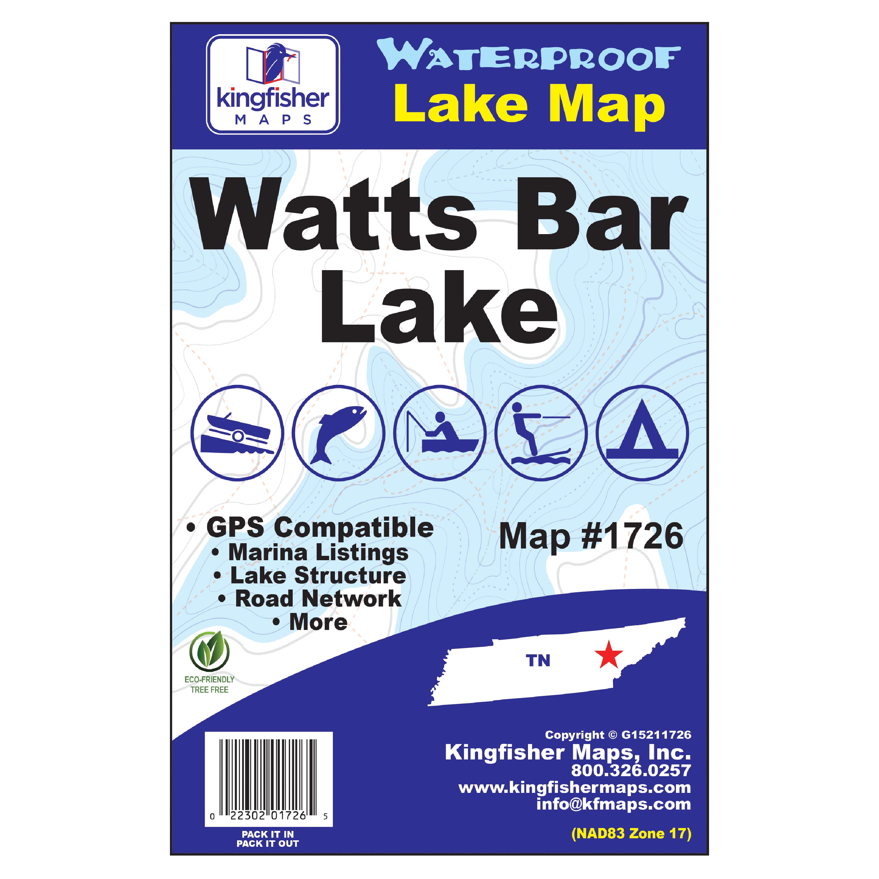 Kingfisher Maps Waterproof Lake Map Watts Bar Lake Tennessee, 24” x 36” 0.2lb