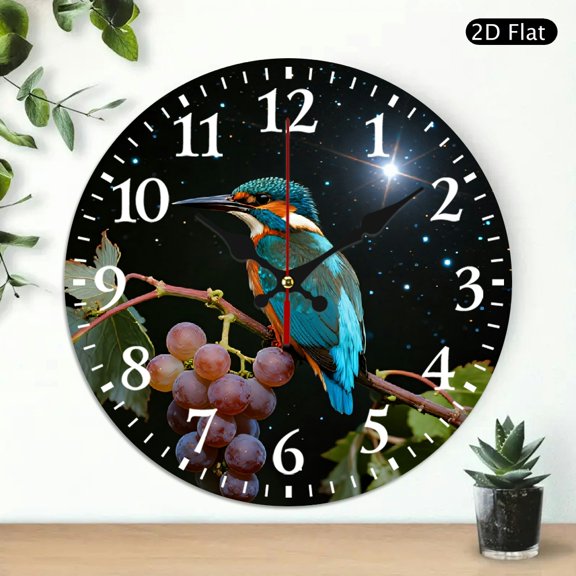 Kingfisher On Grapevine Round Wall Clock, Starry Night Nature Decorative Clock, 10x10 Inch, 1pc, Battery Not Included