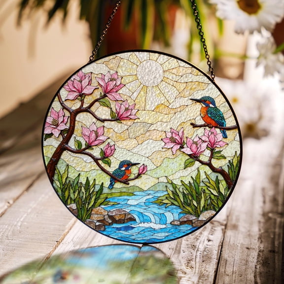 Kingfisher Stream Stained Glass Suncatcher, Calm Nature Gift for Bird Lovers, Relaxing Window Decor