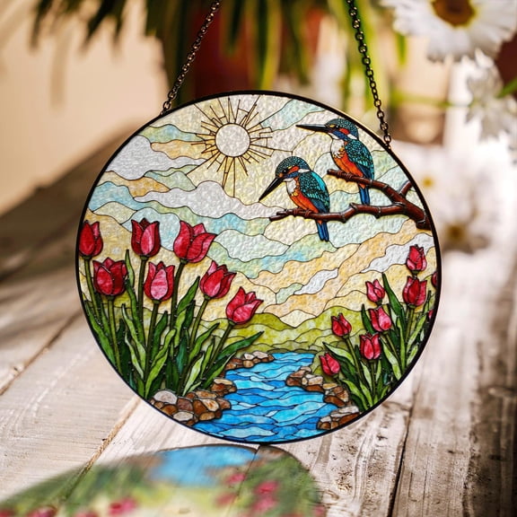 Kingfisher Tulips Stream Glass Suncatcher, Window Hanging Bird Lovers, 6.3 in
