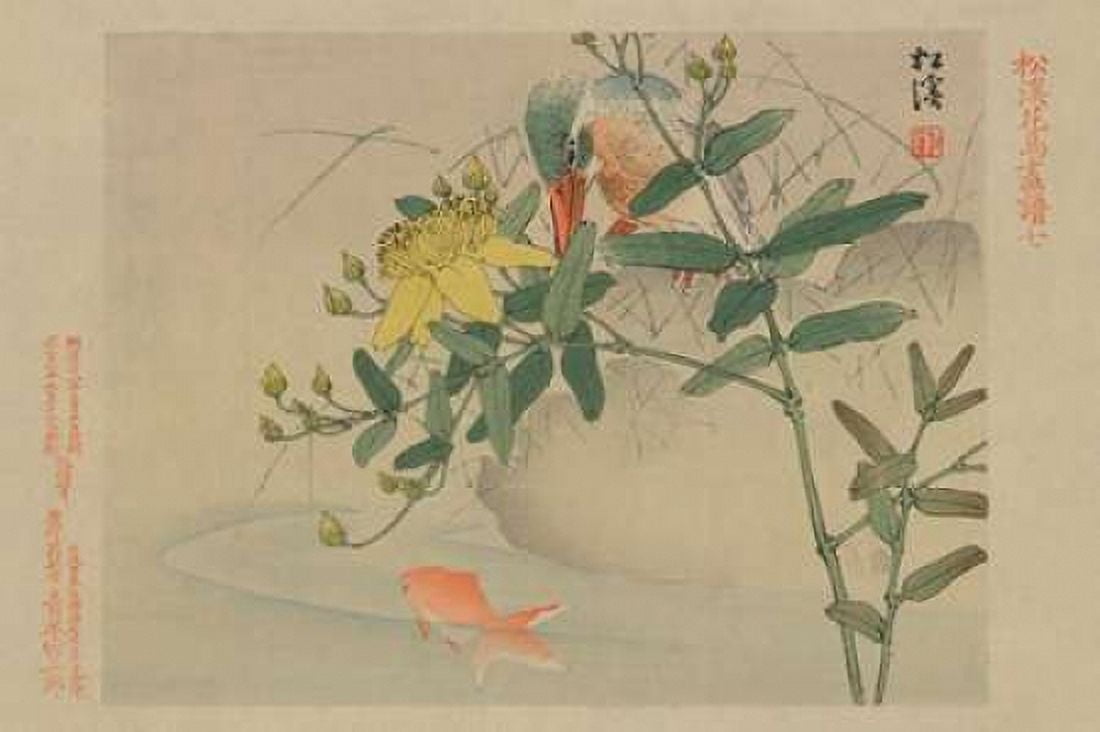 Kingfisher and Goldfish in Pond Canvas Art - Unknown (12 x 18)