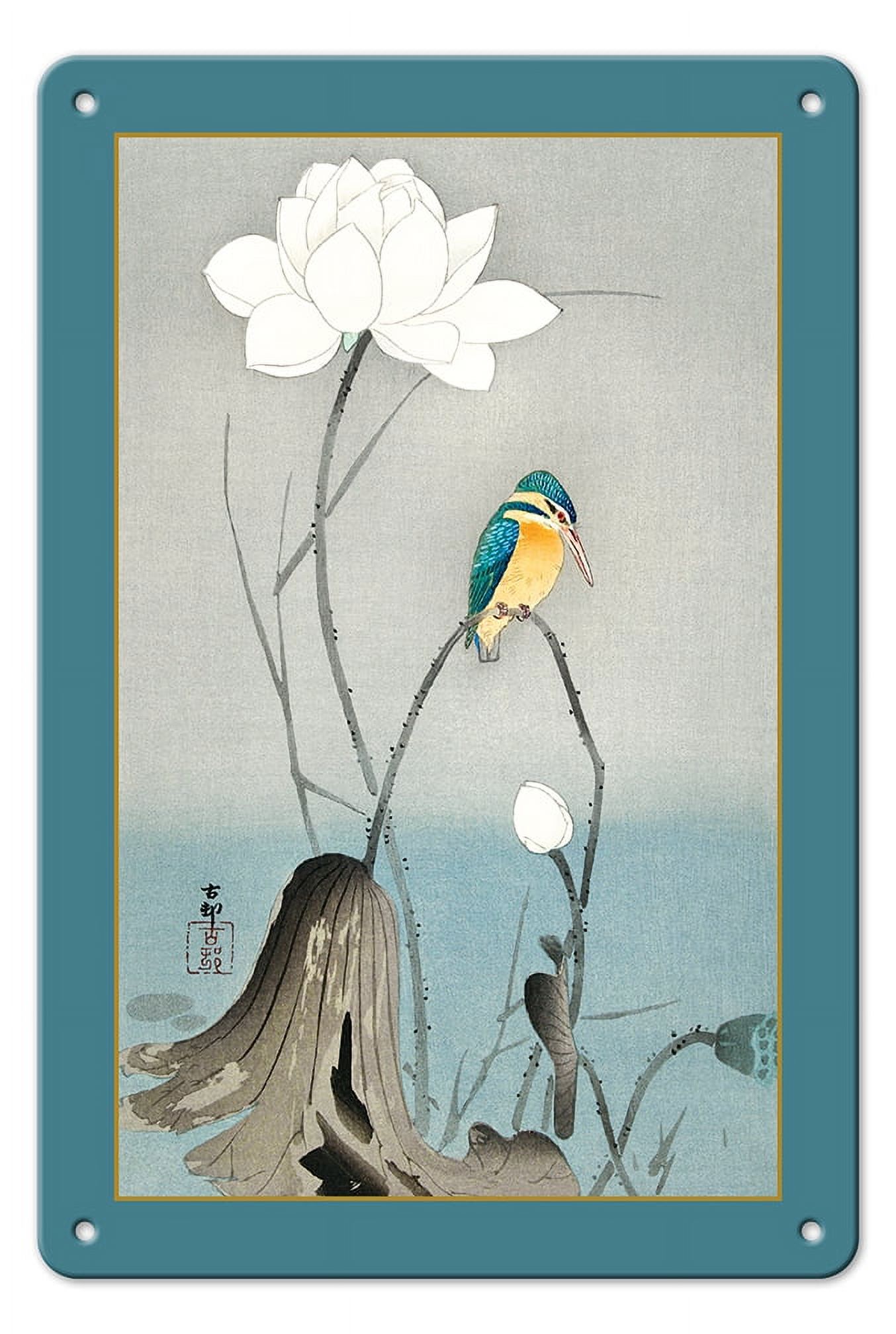Kingfisher with Lotus Flower - Vintage Japanese Woodblock Print by