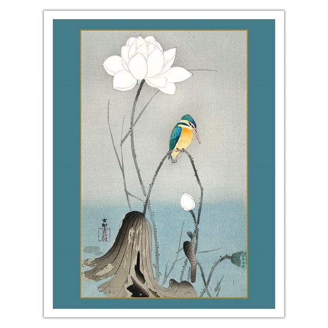 Kingfisher with Lotus Flower - Vintage Japanese Woodblock Print by Ohara Koson c.1900 - Fine Art Matte Paper Print (Unframed) 11x14in