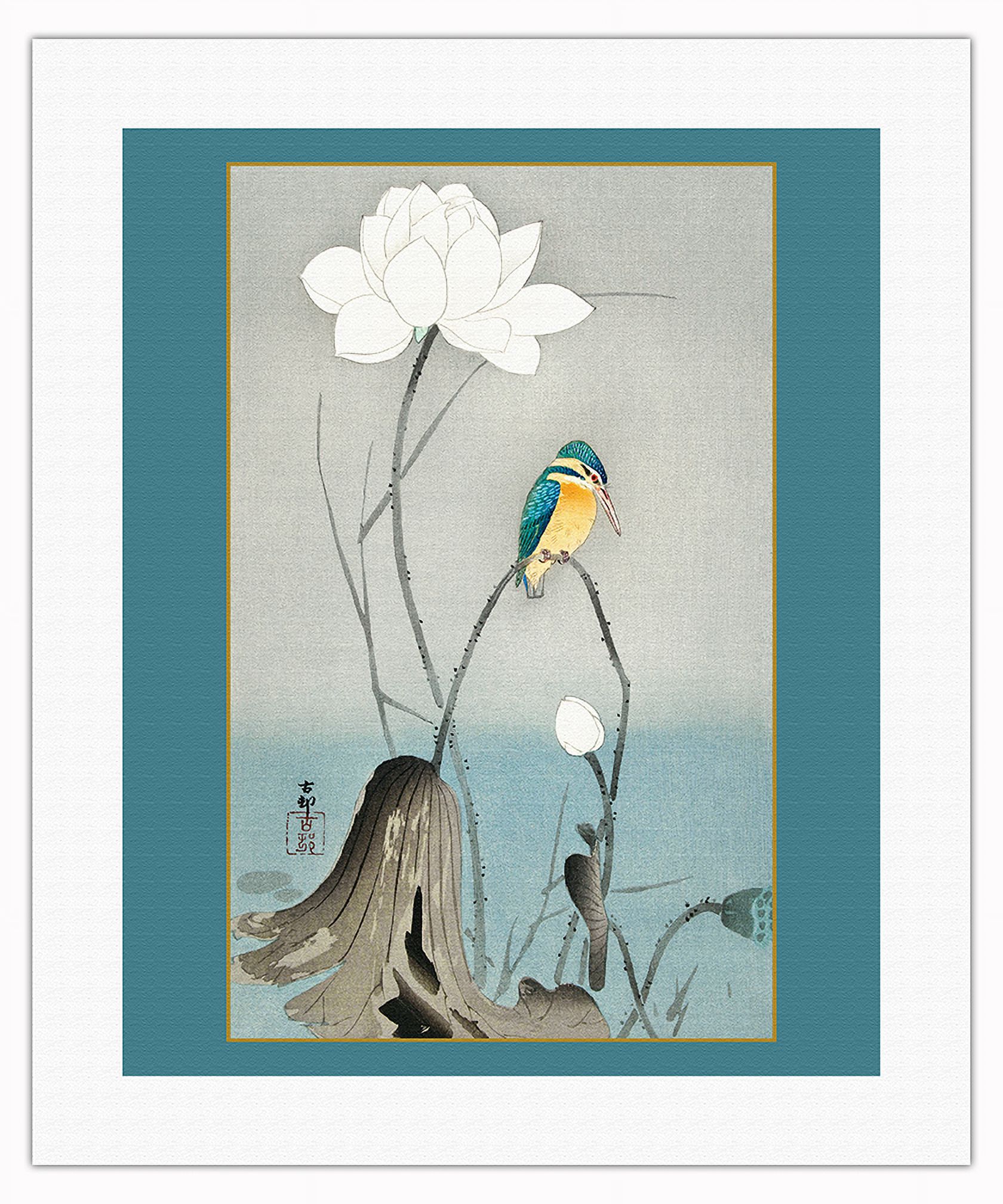 Kingfisher with Lotus Flower - Vintage Japanese Woodblock Print by