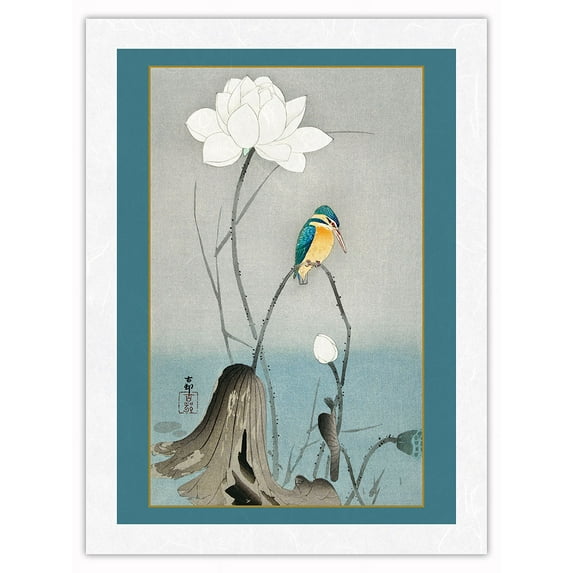 Kingfisher with Lotus Flower - Vintage Japanese Woodblock Print by Ohara Koson c.1900 - Japanese Unryu Rice Paper Art Print (Unframed) 12 x 16 in