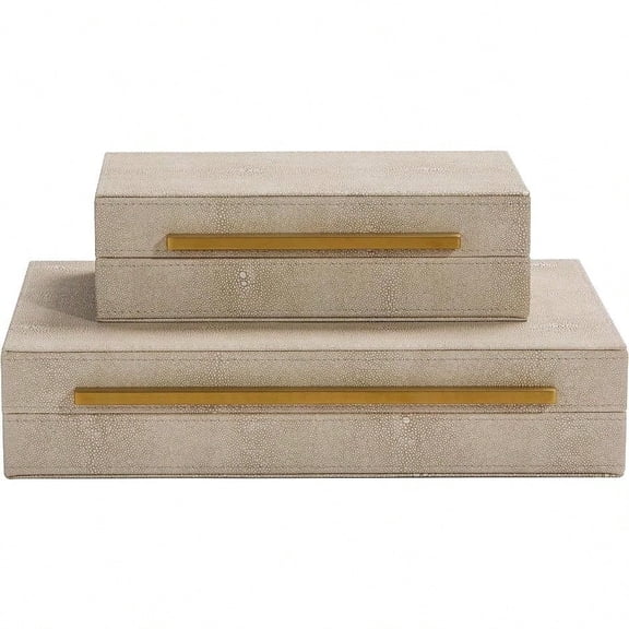 Kingflux Ivory Shagreen Leather Set of 2pcs Decorative Boxes Storage Boxes Jewelry Organizer WomentMen's Accory Organizer Memory Keepsake Box with Brushed Gold handle Ivory
