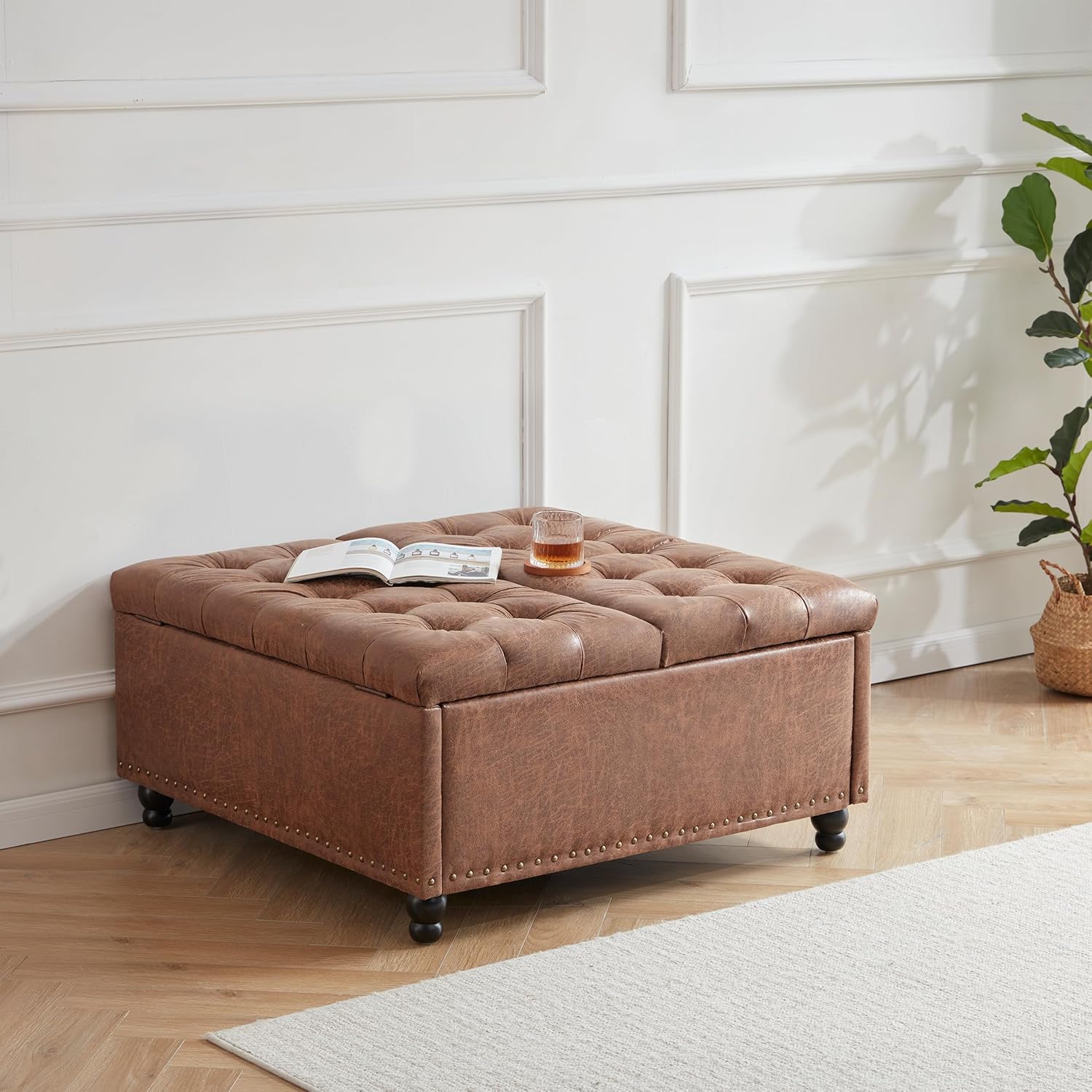 Kingfun 35.5" Large Square Ottoman Bench, Tufted Upholstered Coffee — free download