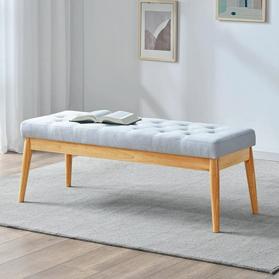 Kingfun Extra-Long Upholstered Tufted Bed Bench Seat for Bedroom, Entryway Wood Bench with Sturdy Wooden Legs, Buttoned Vanity Rectangle Dining Bench (Grey)