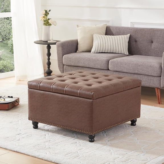 Kingfun Square Ottoman Coffee Table, Large Leather Ottoman with Storage Tufted Upholstered Bench, Oversized Footrest for Living Room, Brown
