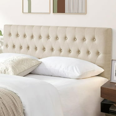 Kingfun Tufted Upholstered Queen Size Bed Headboard in Modern Button Design, Adjustable Solid Wood Head Board, Premium Linen Fabric Padded Headboards in Bedroom (Beige, Queen)