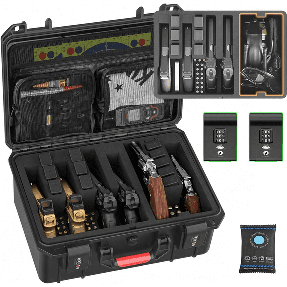 Kinghardcase Lockable Hard Handgun Case for 6 Pistols and 11 Magazines, Pre-Cut Foam, Dual Combination Locks, Accessory Storage, Black