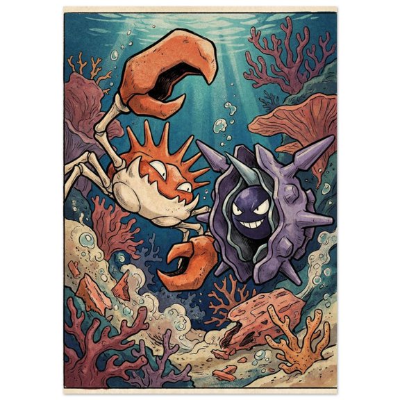 Kingler vs Cloyster Underwater Battle Wall Art Depicting Ocean Clash Energy, Japanese Ukiyo-e Inspired Sea Creature Illustration Size 24x36 Unframed Poster