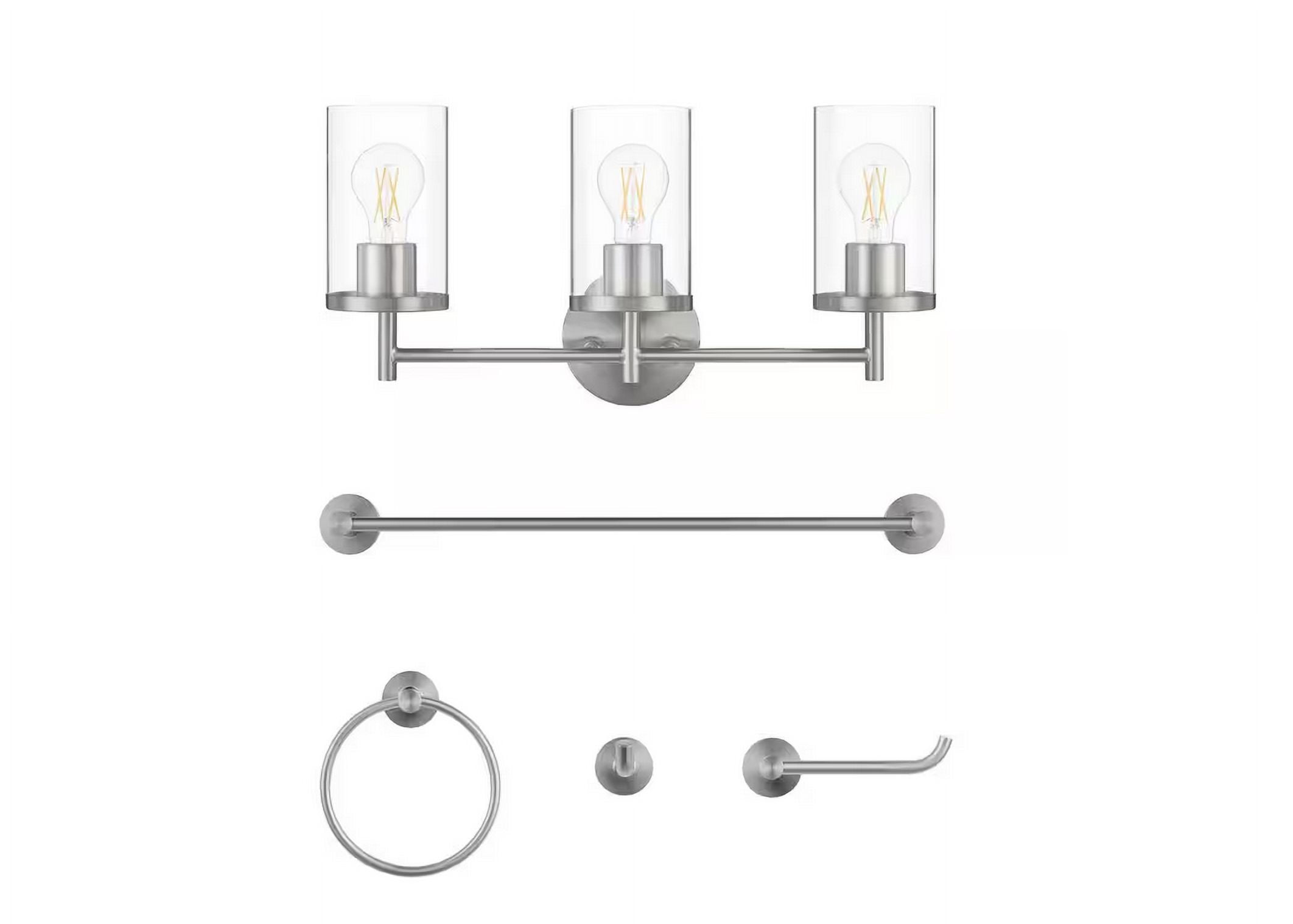 Kinglet 20 in. 3-Light Brushed Nickel Vanity Light, Towel Bar, Towel Ring Paper Holder and Towel Hook Bath Set (5-Piece)