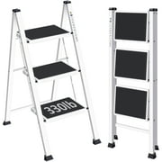 Kingrack 3-Step Stool, Household Folding Non-Slip Step Ladder, Collapsible Stool for Adults, 330lbs Capacity (White)