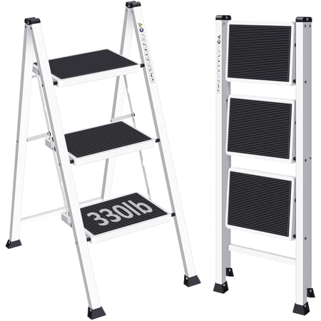 Kingrack 3-Step Stool, Household Folding Non-Slip Step Ladder, Collapsible Stool for Adults, 330lbs Capacity (White)