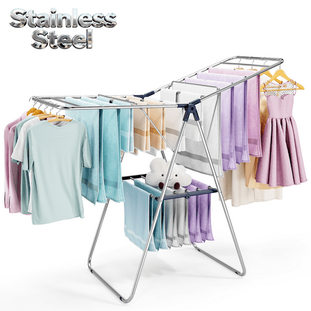 Clothes Drying Rack, KK KINGRACK Foldable Drying Rack with 2 Gullwings & Height-Adjustable, Large-Capacity Laundry Drying Rack, Indoor Outdoor, Stainless Steel