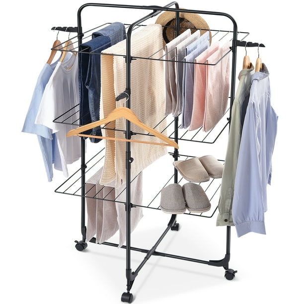 Kingrack Clothes Drying Rack 3 Tier Folding Indoor Laundry Drying Rack with Wheels 4 Hooks Metal Black