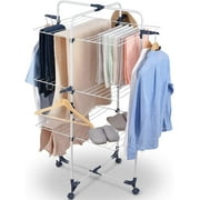 Kingrack Clothes Drying Rack, 3-Tier Folding Indoor Laundry Drying Rack with Wheels 4 Hooks, Metal, White