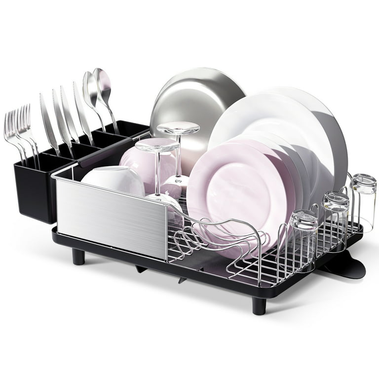 SAYZH Dish Drying Rack, Expandable(12.8-21.5) Dish Rack with Utensil  Holder Cup Holder, Stainless Steel Dish Rack and Drainboard Set for Kitchen  Counter, Black 