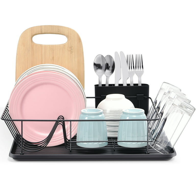 Kingrack Dish Rack, Large Capacity Dish Drainer, Dish Drying Rack with  Cutlery Holder, Removable Drip Tray, Cup Holder, Compact Kitchen Drainers  for Countertop, Black 