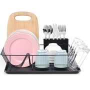 Kingrack Dish Rack, Large Capacity Dish Drainer, Dish Drying Rack with Cutlery Holder, Removable Drip Tray, Cup Holder, Compact Kitchen Drainers for Countertop, Black