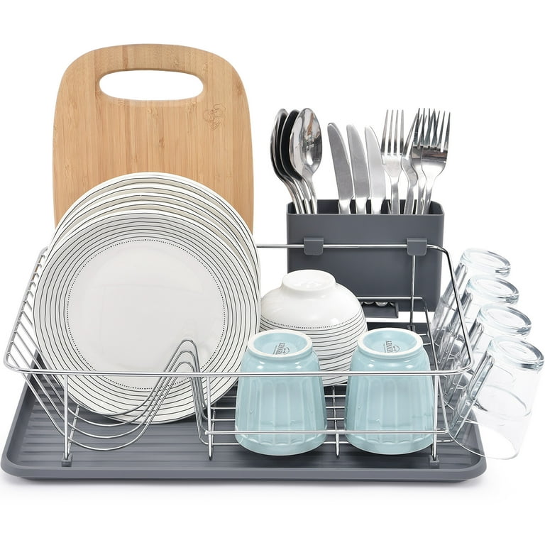 Kitchen Small Dish Drainer Rack Anti-Rust with Removable Drip Tray &  Cutlery Box