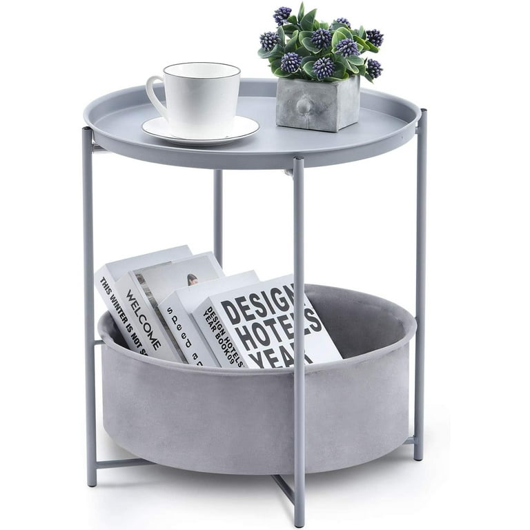 Kingrack End Small Side Table with Storage Basket Metal Sofa Side Table with Detachable Tray Top and Fabric Storage Basket for Living Room Bedroom