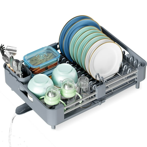 KK KINGRACK Extendable Dish Rack, Dish Drainers with Drainage Spout, High Capacity Dish Drying Rack for Kitchen