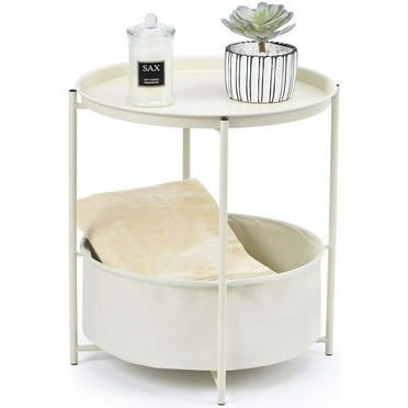 Kingrack Round End Table, Sofa Side Table with Storage Basket, Coffee Round Table, Small Bed Nightstand for Living Room Bedroom, Cream