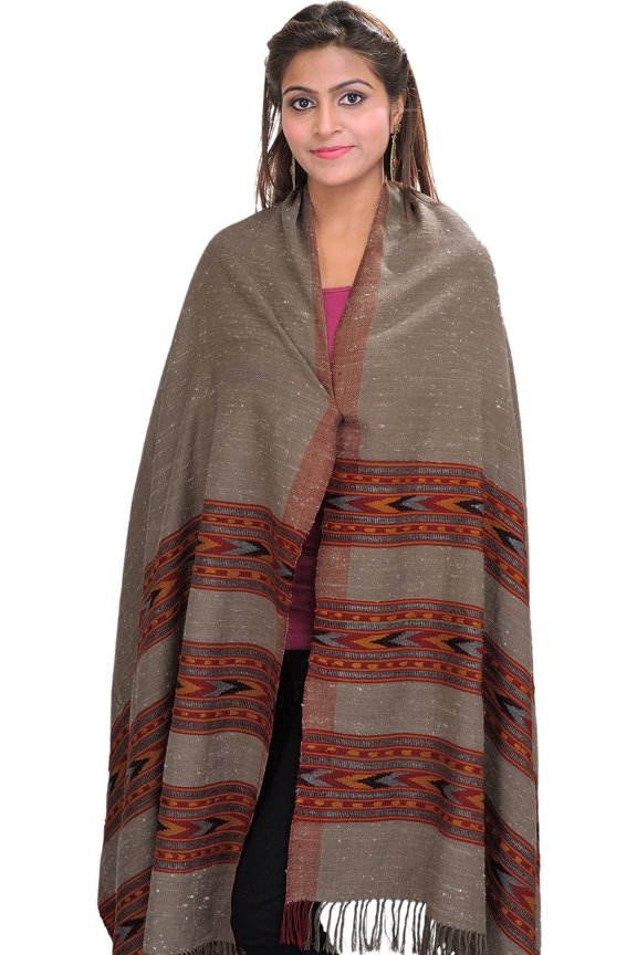 Kingri Shawl from Kullu with Kinnauri Woven Triple Border – Simply Taupe