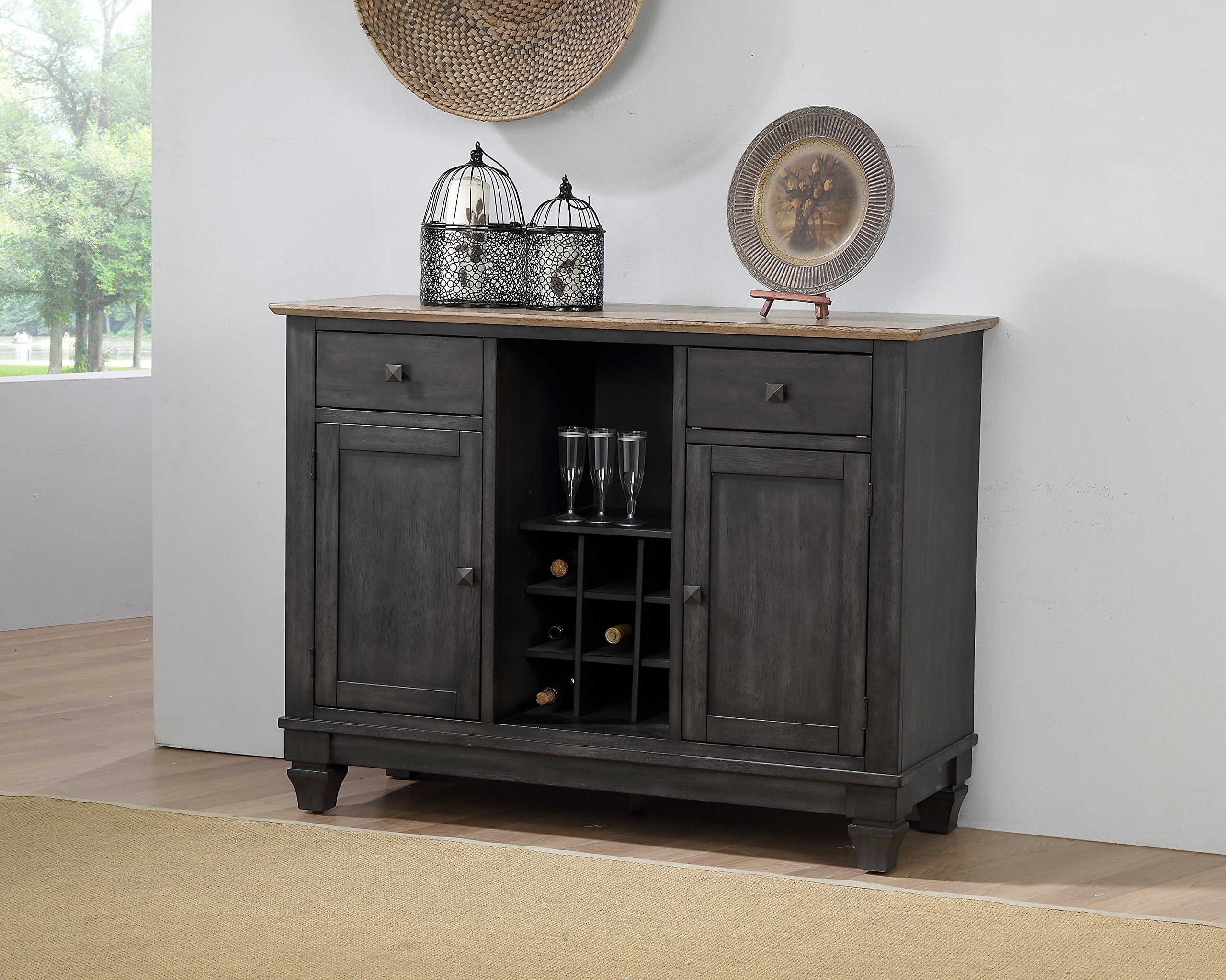 Kings Brand Alleyton Charcoal & Oak Wood Wine Rack Buffet 2 Door