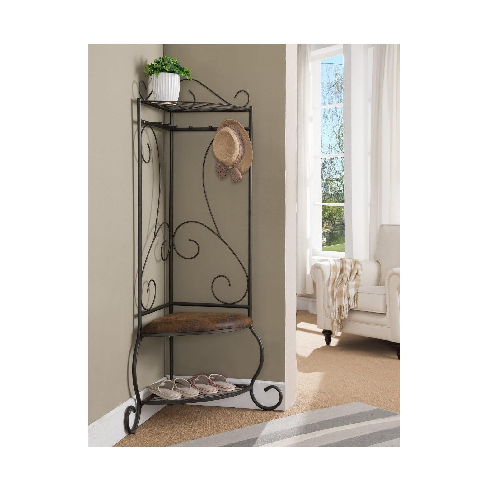 Kings Brand Corner Entryway Hallway Storage Bench With Coat Rack