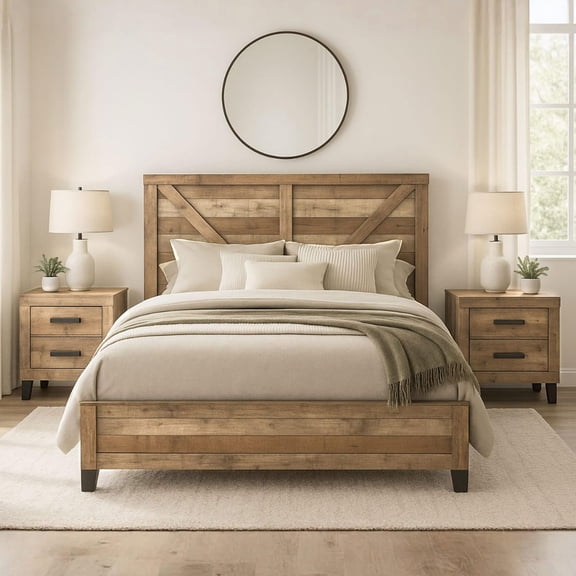 Kings Brand Furniture 3-Piece Antique Natural Bedroom Set – King Size Wood Bed Frame with 2 Nightstands