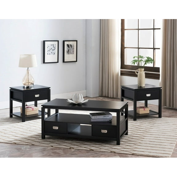 Kings Brand Furniture 3-Piece Black Wood Storage Table Set  Coffee Table & 2 End Tables for Living Room & Home Dcor.