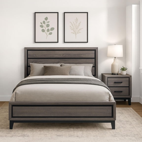 Kings Brand Furniture 3-Piece Deep Gray Finish with Tapered Legs & Matte Black Hardware Bedroom Set – Wood Bed Frame with 1 Nightstand (King)
